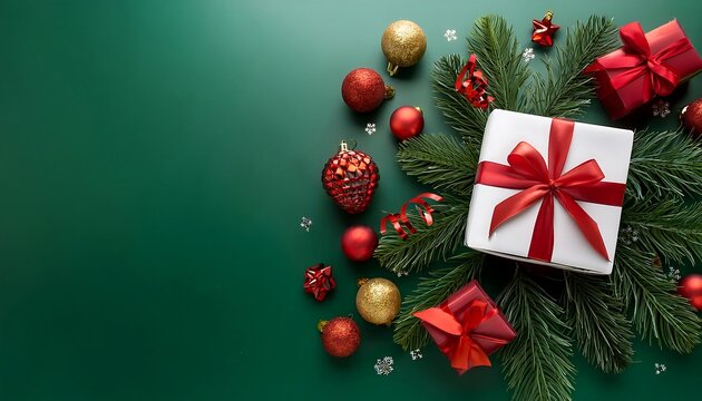  Beautiful Christmas gifts with red bows are surrounded by festive decorations on a green ba_1(819)