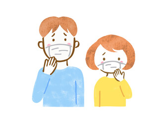 体調不良でマスクをしている男女の上半身手描きイラスト