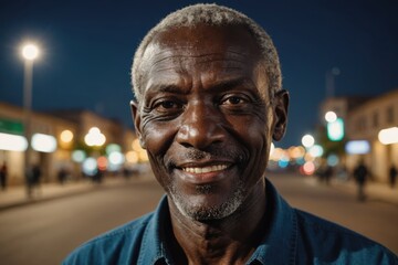 Fototapeta premium Close portrait of a smiling senior Senegalese man looking at the camera, Senegalese city outdoors at night blurred background