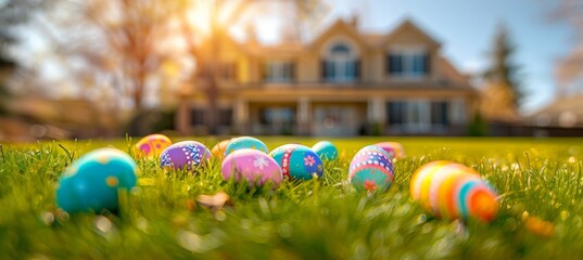 A cheerful family backyard ready for an easter egg hunt with colorful decorations and baskets