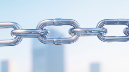 close up of shiny chrome chain against blurred building background, showcasing its sleek design and high resolution details. image conveys strength and connection