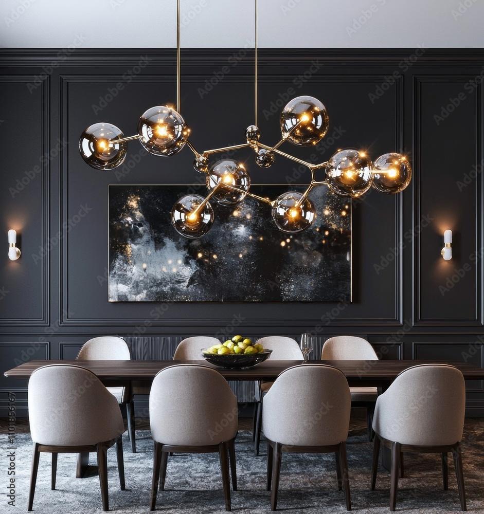 Aufkleber three-dimensional rendering of a modern concept interior dining room with an empty blue mockup wall 