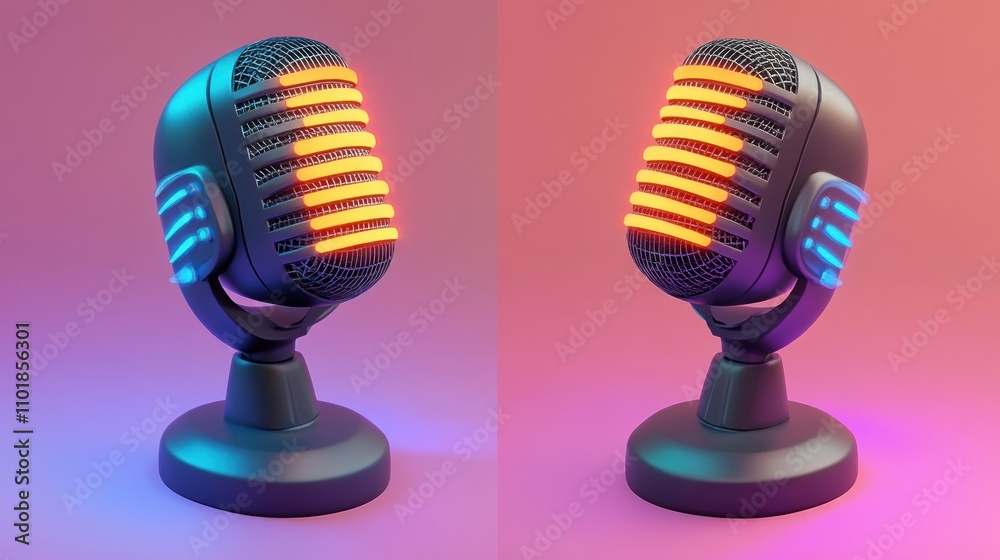 Poster retro microphones illuminated neon lights studio background