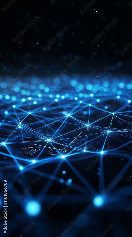 Fototapete An abstract quantum computing system with a virtual network grid and connected particles. Artificial neurons, global data connections - Stock Photo