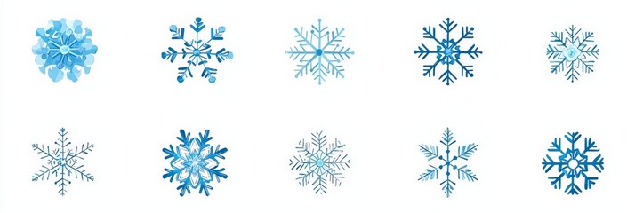 The set of blue snowflakes icons is isolated on a white background.