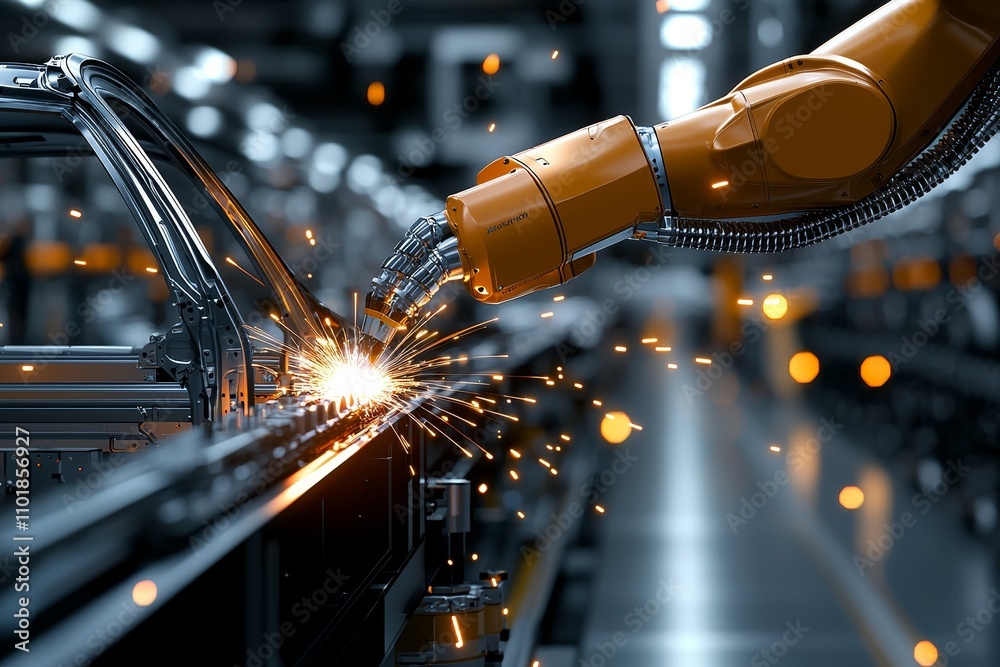 Poster A stock image of industrial robotic arms executing fiery precision welding tasks in a bright mechanical factory during fabrication.