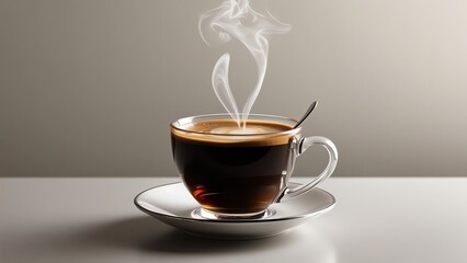 A steaming cup of dark coffee elegantly rests on a saucer, with wisps of steam rising, creating a cozy and inviting atmosphere