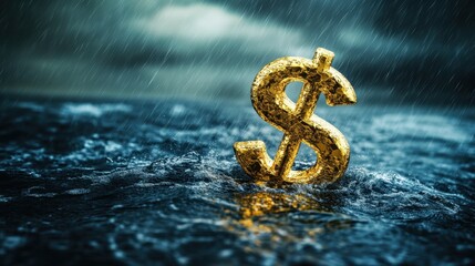 A gold dollar symbol slowly sinking into water under stormy skies, visually portraying economic struggles