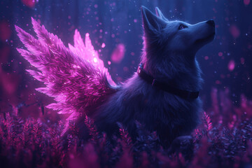 whimsical fantasy scene featuring Husky with vibrant, feather like wings amidst magical, colorful landscape. atmosphere is enchanting and dreamlike