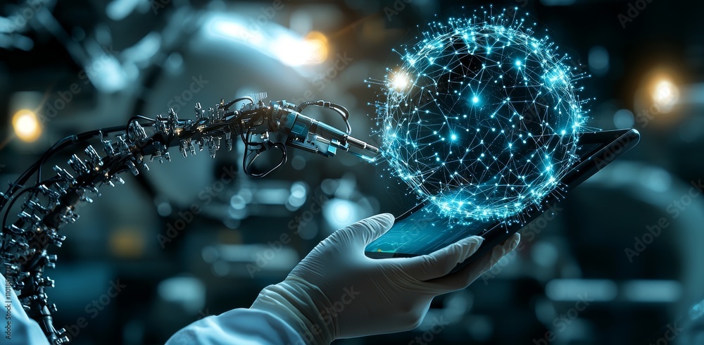 Poster smart industrial control concept. manager engineer's hands holding a tablet against a blurred automa