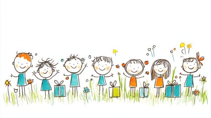 Happy Children Celebrating with Gifts in a Colorful Flower Field Under a Clear Sky