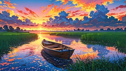 Anime illustration of a tranquil river at sunset, featuring a boat surrounded by lush greenery—ideal for use as a serene background