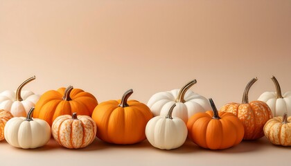  Assorted small orange and white pumpkins are arranged on a soft pastel beige background evo_1(797)