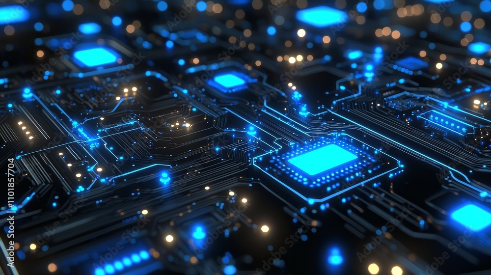 Poster Background with illuminated fiber optic connections, a quantum computing network system, and electronic global intelligence