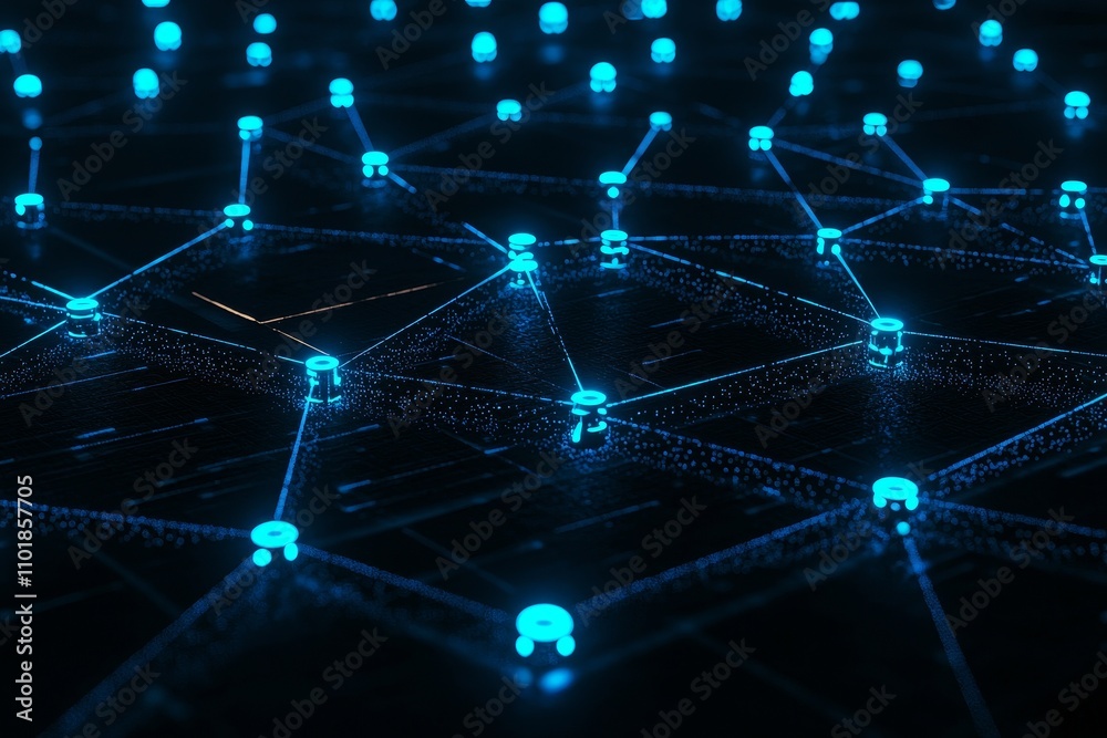 Aufkleber The background is abstract with blue connections and network concept. 3D rendering shows big data flow in cyber blockchain fields with a blue network system. Stock rendering.