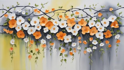 Vibrant floral mural featuring an elegant arrangement of white and orange flowers against a soft yellow and gray background, perfect for adding a touch of nature-inspired beauty to any space