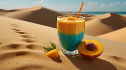 A sleek advertisement of a glass smoothie cup placed in a tropical desert, resting on a golden sand dune. The smoothie is a vivid mango-orange, with light reflecting from the cup's glossy surface 