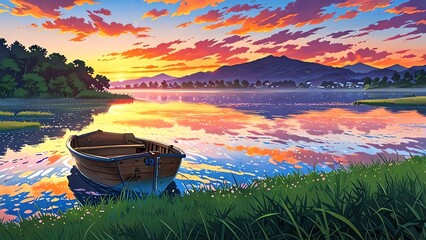 Anime illustration of a serene landscape that can be used as a visually captivating background