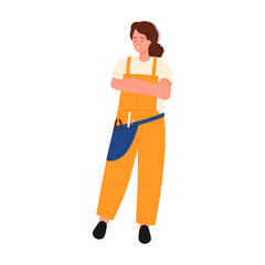 Girl in yellow overalls of worker, repairman or builder, tools for work in belt pocket vector illustration