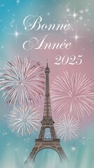 Fireworks illuminate the Eiffel Tower in celebration of New Year 2025 with vibrant colors over Paris skyline