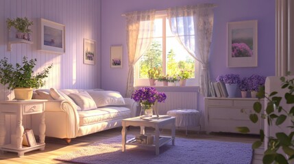 A modern living room filled with lavender tones and warm light evokes relaxation, with elegant floral accents enhancing the space's charm