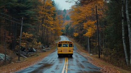 Obraz premium School bus driving on a wet autumn road through colorful forest.