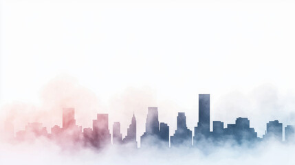 Abstract cityscape background with watercolor fog, sky, and skyscrapers creates serene urban atmosphere. soft colors blend beautifully, evoking sense of calm