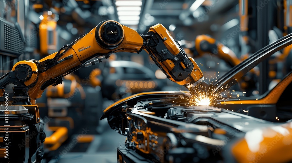 Fototapete An engineer oversees robotic arms and machines in an intelligent factory in real-time through a monitoring system running on a computer. The robot arms are controlled through a real-time monitoring