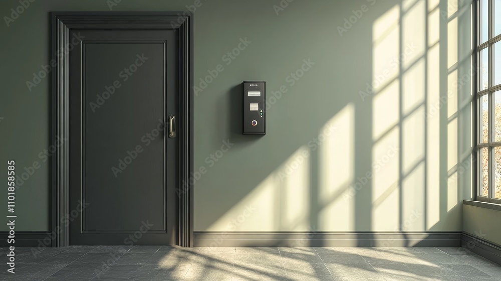 Poster An access control machine is mounted on the entry door of an office to scan fingerprints.