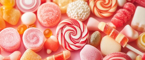 A vibrant collection of candies, including lollipops, gummy bears, and hard candies, covers a pink surface, creating a delightful and eye-catching treat display