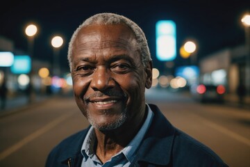 Close portrait of a smiling senior South African man looking at the camera, South African city outdoors at night blurred background