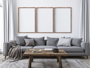Minimalist living room interior with a grey sofa. three empty picture frames. a wooden coffee table. and a plant