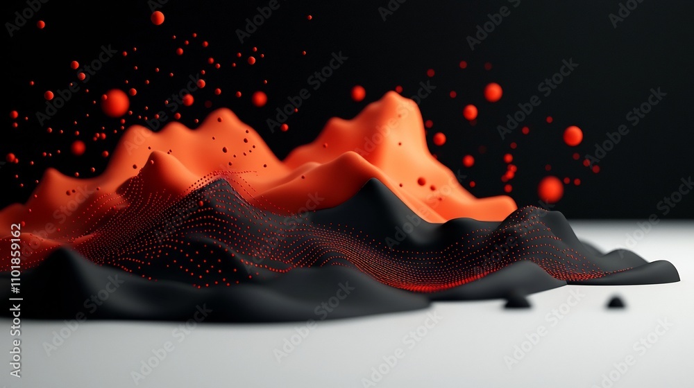 Poster surreal abstract 3d digital landscape rendering featuring a dark background with vibrant red geometr