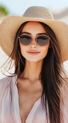 Fototapeta premium Woman wearing sunglasses and straw hat enjoying ocean view on a sunny day