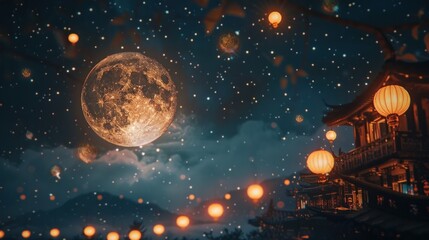 Magical night lantern festival with glowing full moon and sparkling stars in a serene atmospheric sky  Traditional Asian with illuminated lanterns reflecting on water