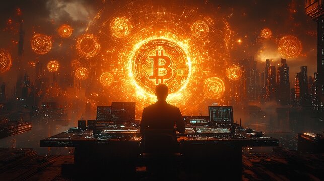 Futuristic Businessman Investing in Decentralized Digital Assets Amid Glowing Cryptocurrency Symbols