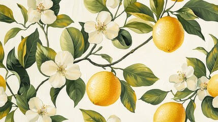 Vibrant Citrus Floral Pattern Featuring Bright Lemons and Delicate White Blossoms on Soft Beige Background for Home Decor and Textile Design