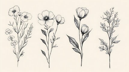 Four monochrome botanical illustrations of flowers and foliage, hand-drawn in pencil style.