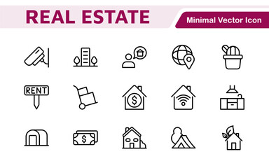 Real Estate Icon Set. A comprehensive collection of stylish and professional icons designed for the real estate industry, perfect for enhancing property listings, websites, and marketing materials.