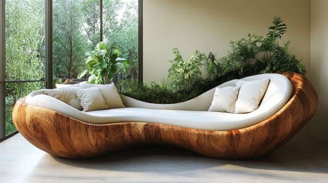 Here's a description and keywords for your stock image.. Organic modern wooden daybed with integrated planter and soft cushions near large window.