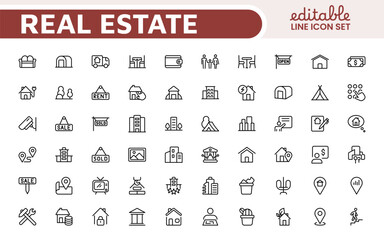 Real Estate Icon Set. A comprehensive collection of stylish and professional icons designed for the real estate industry, perfect for enhancing property listings, websites, and marketing materials.