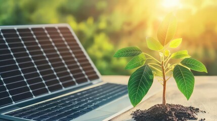 Fototapeta premium Businessman analyzing solar energy stock performance on a laptop, dividend focus