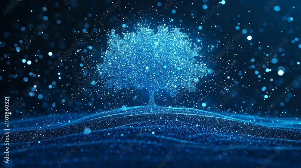 Poster this is a holographic plant concept for biotech or bioengineering. it is a digital tree with polygon