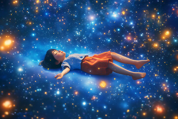 A child floats peacefully in a starry universe, evoking wonder and imagination.