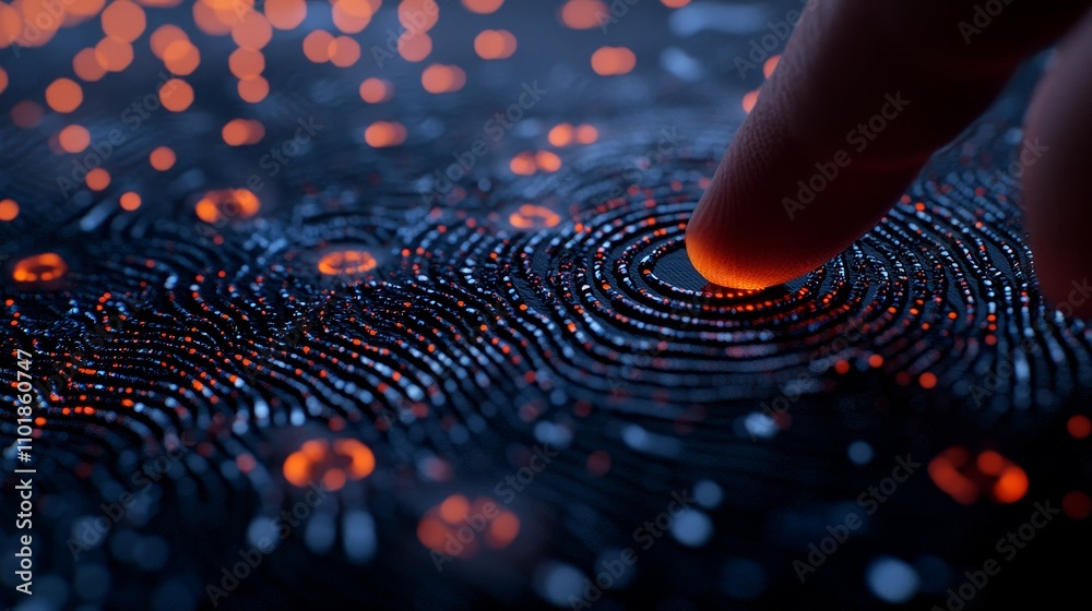 Poster Finger touching electric spark, creating neural patterns on dark background, symbolizing AI learning technology
