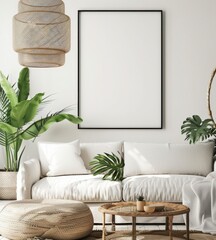 A minimalist living room with a white couch. wooden coffee table. and a plant The room is decorated with a large black frame. a wicker basket. and a small stool