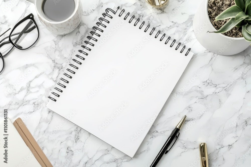 Poster white desk calendar mockups with spiral binding on marble surface, business planning and corporate d