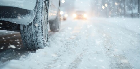 In winter conditions, snowy icy roads leave tread marks on car tires.