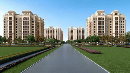 Naklejka premium New residential buildings along a road in Vellore feature a blend of modern and traditional architecture with greenery and a large park