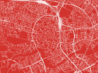 Christmas Map of Krakow city center, Poland in Snowy White on Festive Red Background.